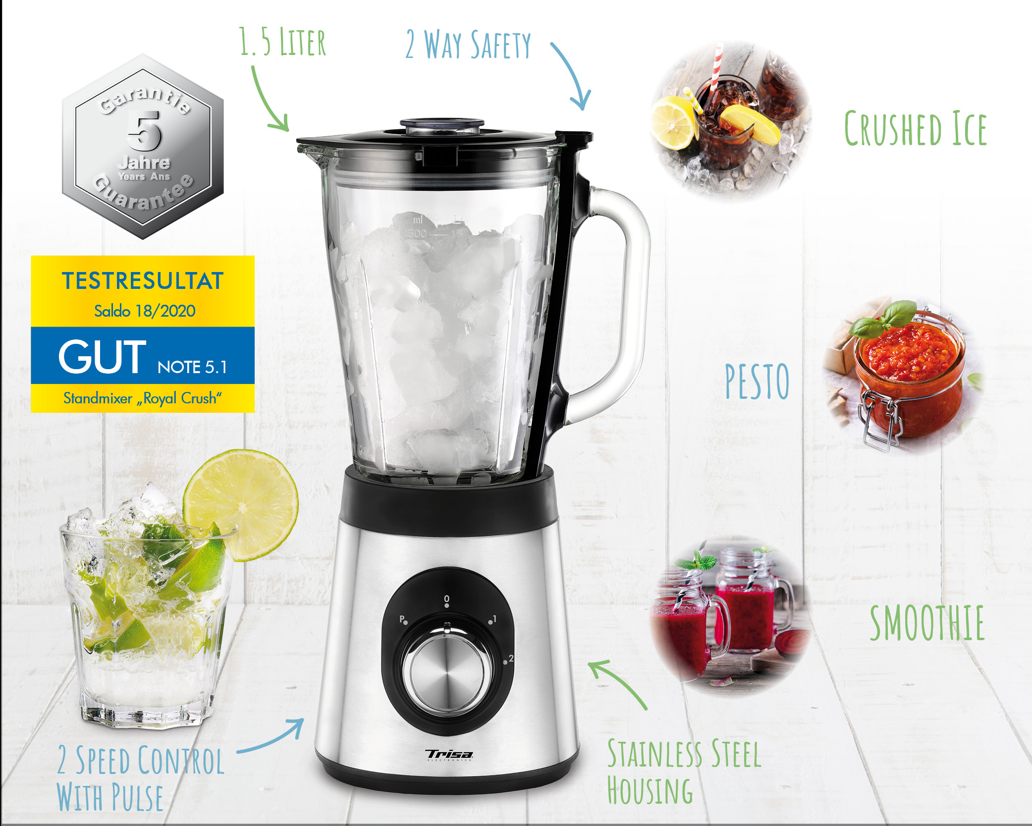 Mixer mit Eis, Smoothie und Pesto-Beispielen. Er hat ein Glas und einen Edelstahlfuß.