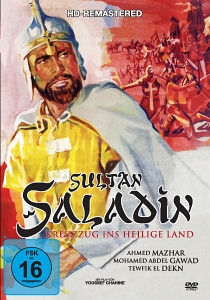 Filmplakat für 'Sultan Saladin'. Ein Mann in weißem Umhang reitet auf einem Pferd.