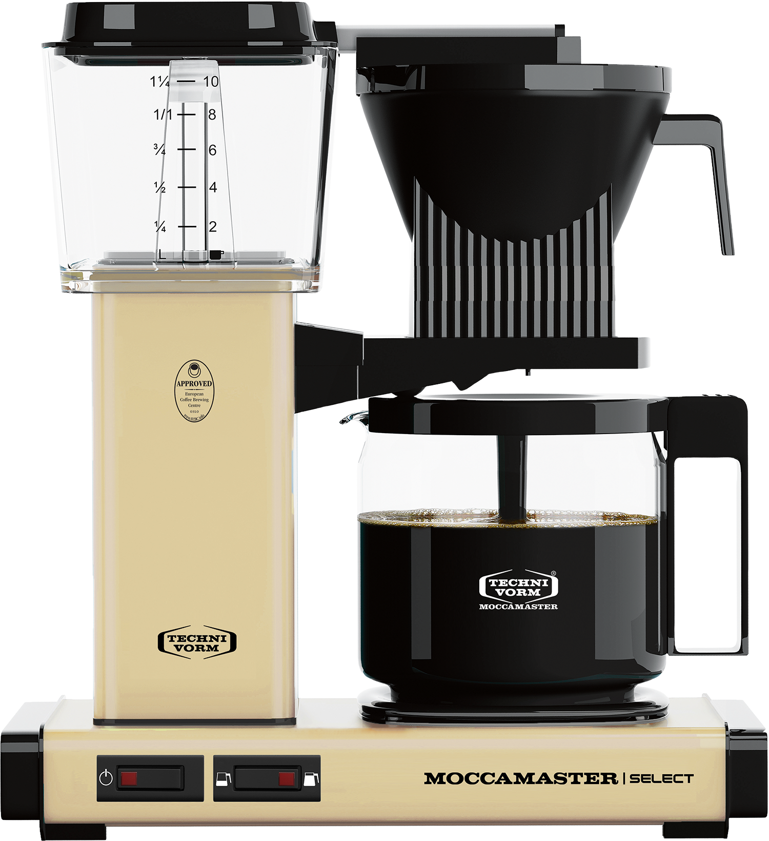 Een beige en zwart koffiezetapparaat, met een transparante watercontainer en een glazen kan. Zwarte achtergrond.
