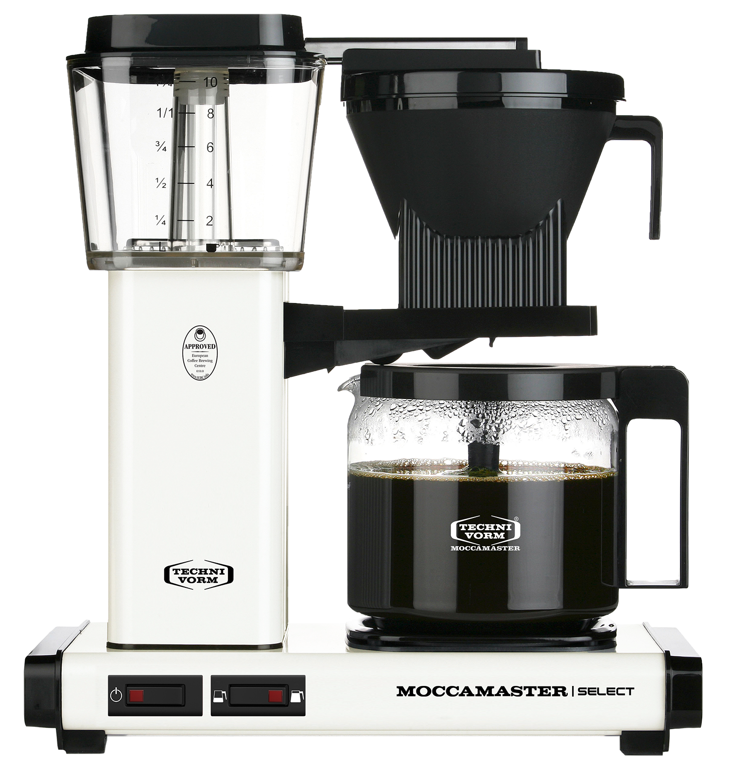 Een wit en zwart koffiezetapparaat met een glazen kan, een zwart filter en een witte basis.