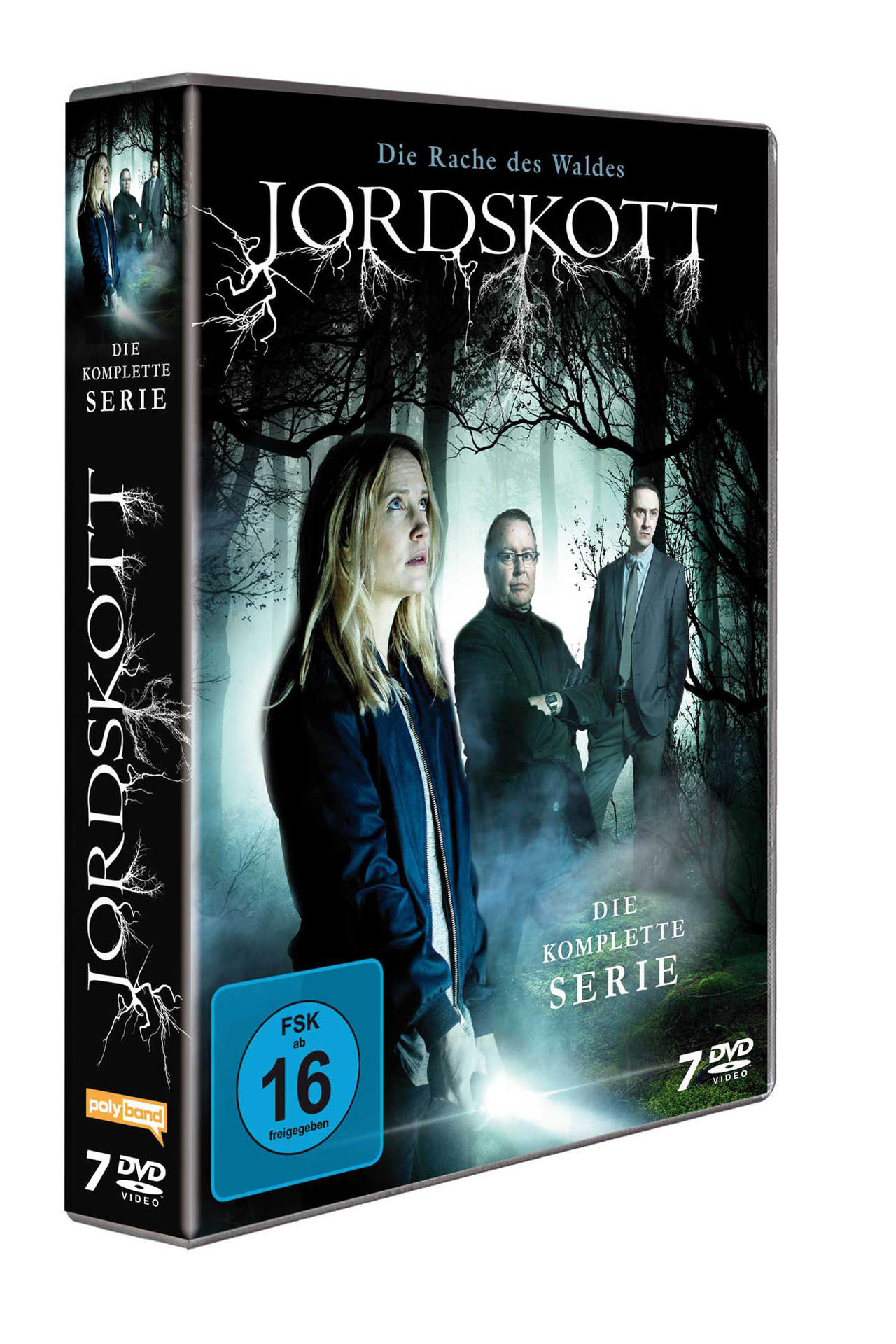 DVD-Box-Set mit dem Titel 'Jordskott: Die Komplette Serie'. Mit Schauspielern in einer Waldkulisse.