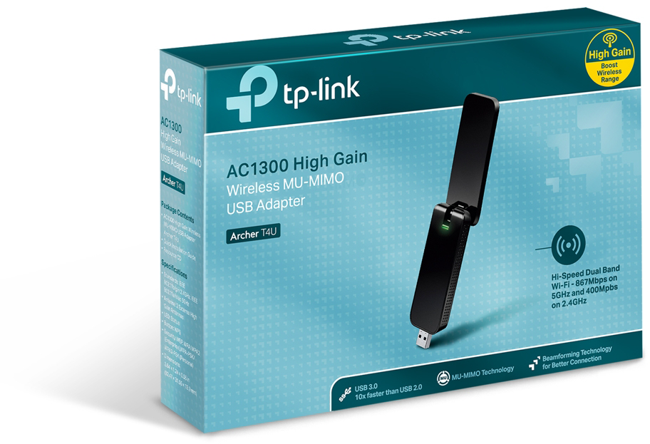 TP-Link AC1300 High Gain vezeték nélküli USB-adapter doboza. Fekete eszköz és szöveg.