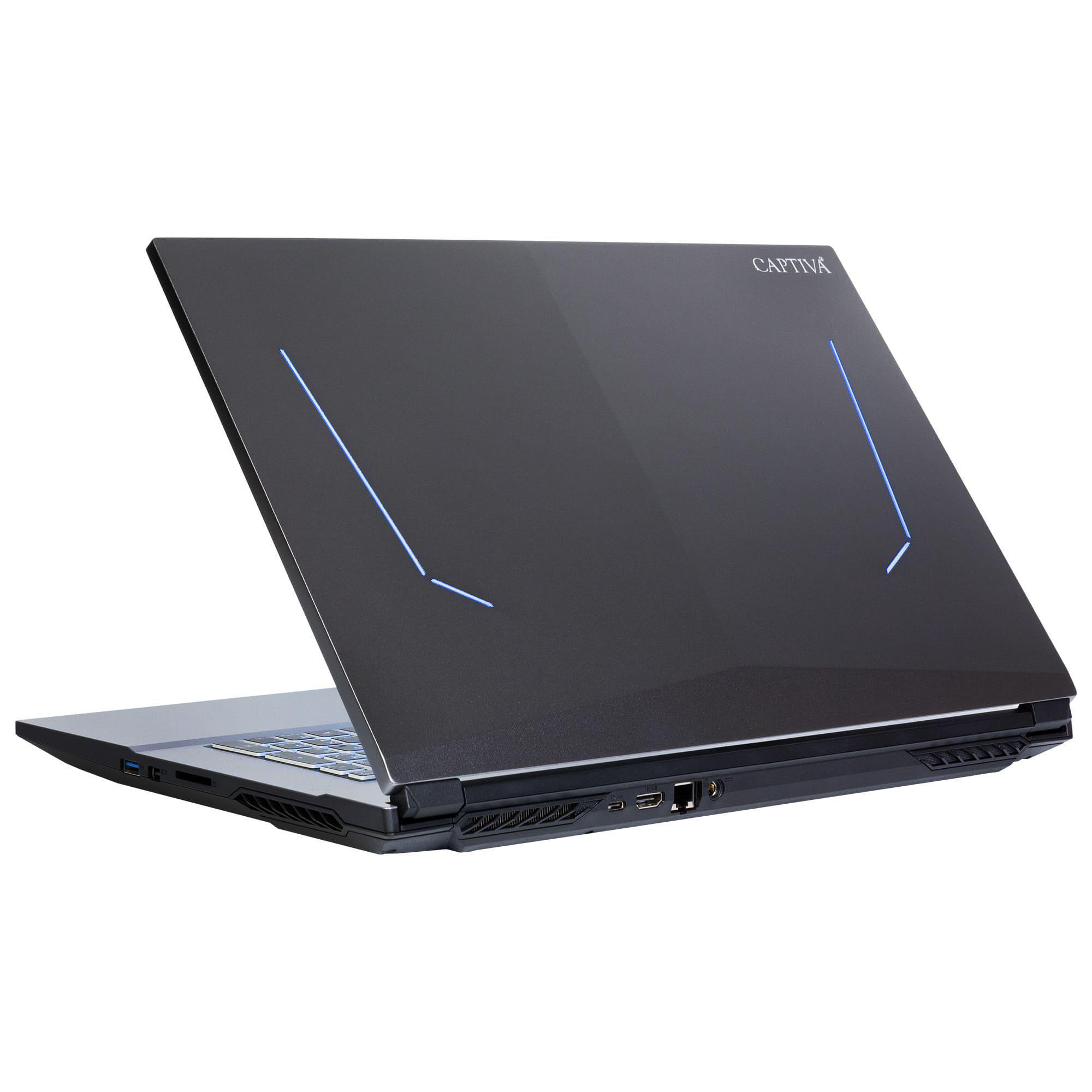 Ein schwarzer Captiva-Laptop mit blauen Leuchtstreifen auf dem geschlossenen Deckel gegen einen weißen Hintergrund.