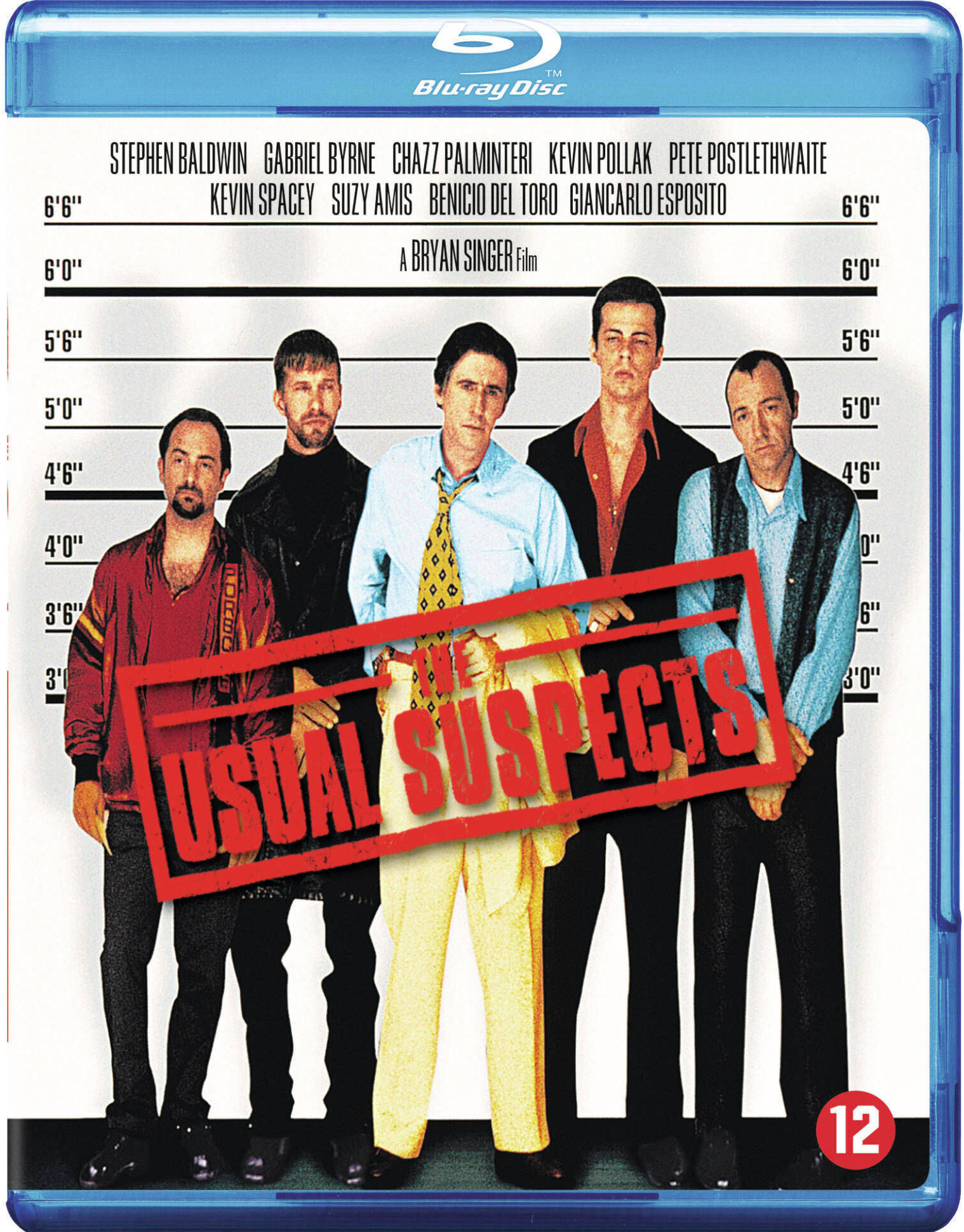 Couverture du film 'Usual Suspects'. Un alignement de cinq hommes. Label de disque Blu-ray.