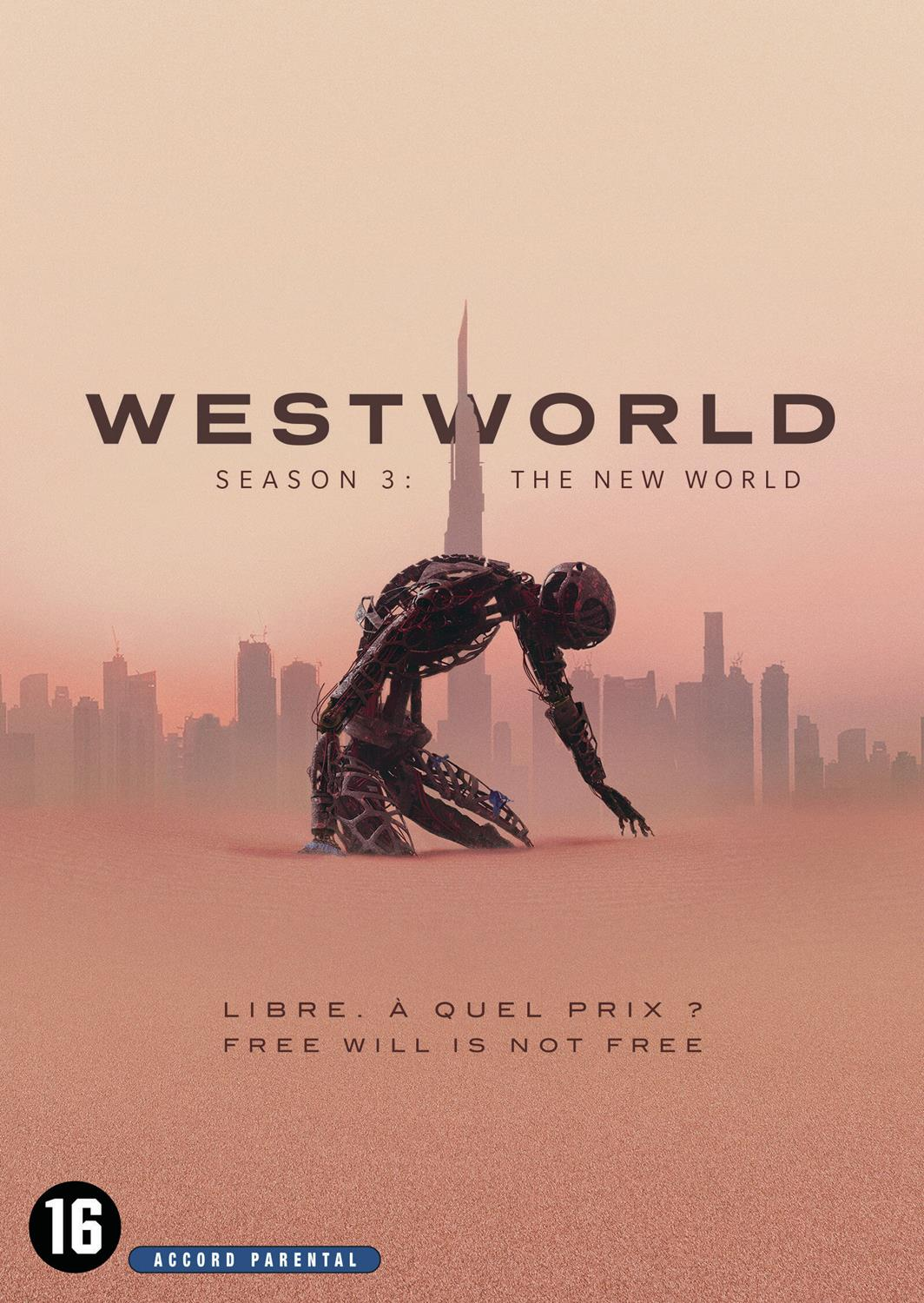DVD-hoes voor 'Westworld'. Een robotfiguur knielt, een skyline. Tekst in het Engels en Frans.