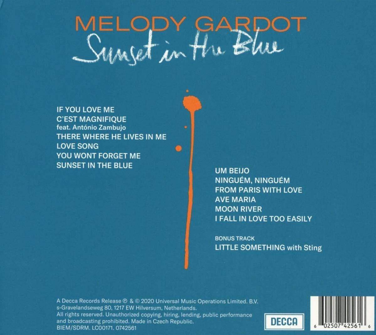 Rückseite des Albums von Melody Gardot, Sunset in the Blue. Titelliste und Albumdetails.