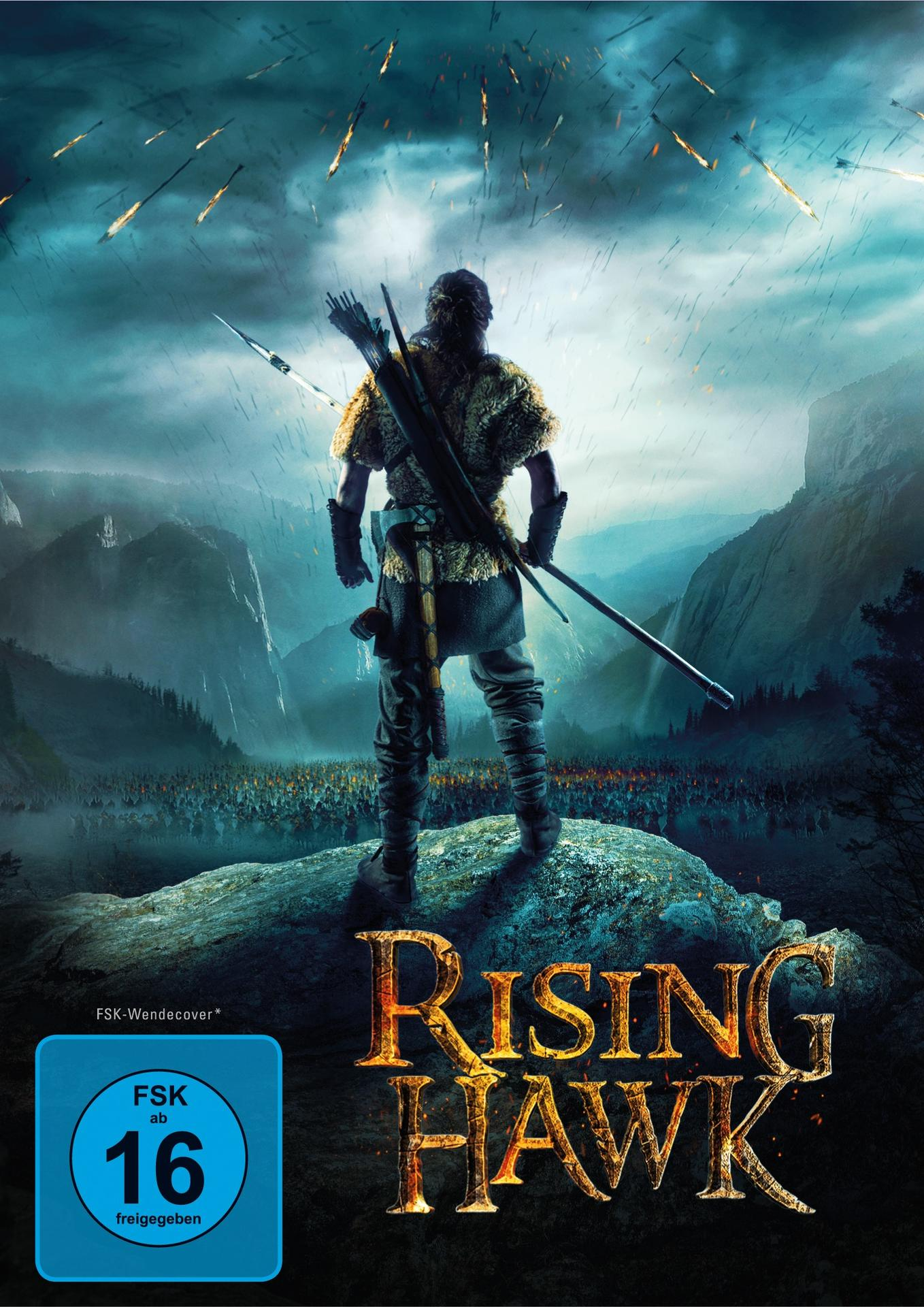 DVD-Cover von 'Rising Hawk'. Ein Mann in Pelzkleidung steht mit einem Bogen auf einem Felsen.