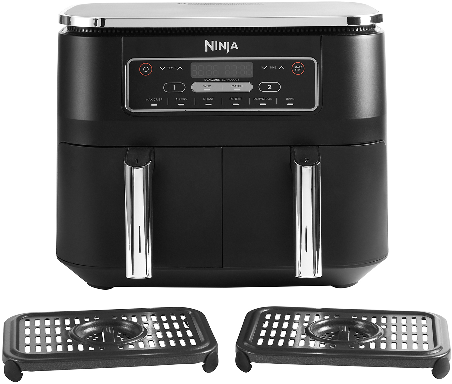 Zwarte Ninja airfryer met dubbele manden en uitneembare trays, op een witte achtergrond.