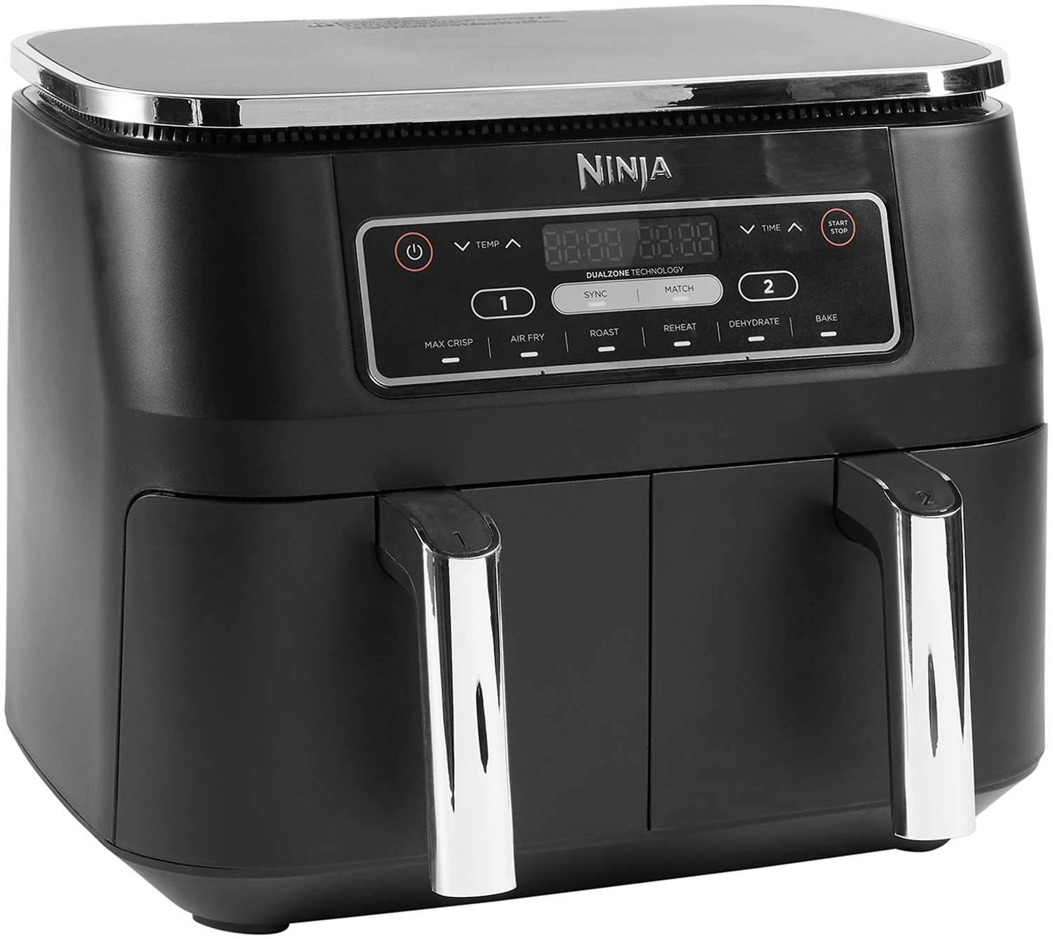 Zwarte Ninja airfryer met digitaal display, twee handgrepen en knoppen. Achtergrond is wit.