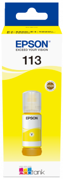 Bouteille d'encre Epson avec une étiquette jaune. La bouteille est remplie d'encre jaune. Le haut indique Epson, 113.