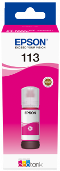 Bouteille d'encre magenta Epson 113 à l'intérieur d'une boîte. La bouteille est rose, la boîte est blanche et noire.