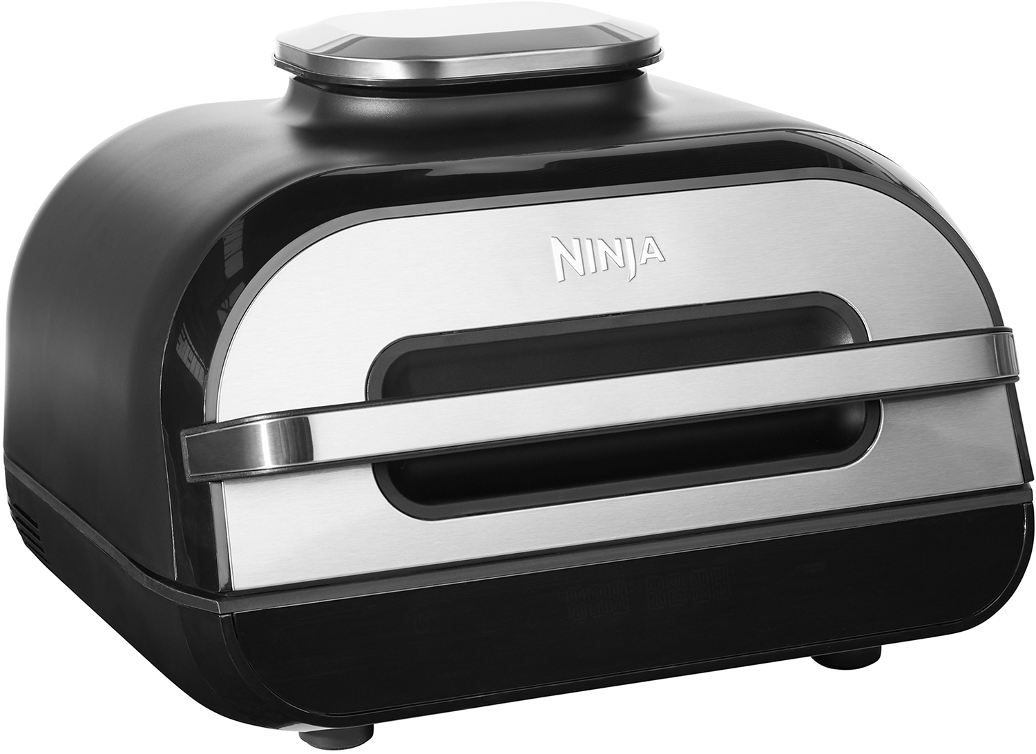 Black and silver Ninja grill, with the Ninja logo on the front.