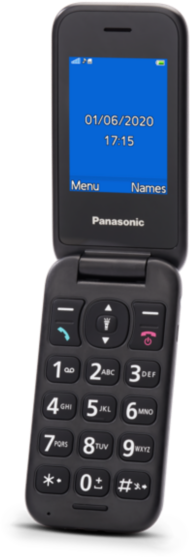 Fekete kagylótelefon kék képernyővel, dátummal, idővel és szöveges feliratokkal.
