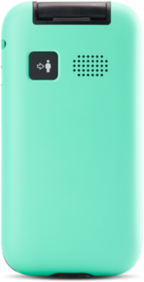 Egy türkiz színű telefon hátulja hangszóróval és egy gombbal, rajta egy személy és egy nyíl szimbólummal.