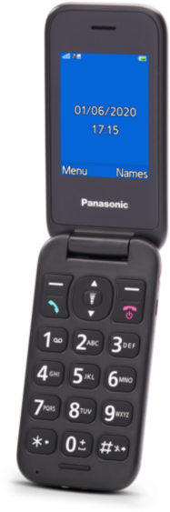 Fekete kagylótelefon kék képernyővel, dátummal és idővel, nagy számgombokkal.
