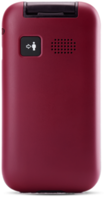 Egy piros mobiltelefon. A telefon hátulja látható, egy gombbal.