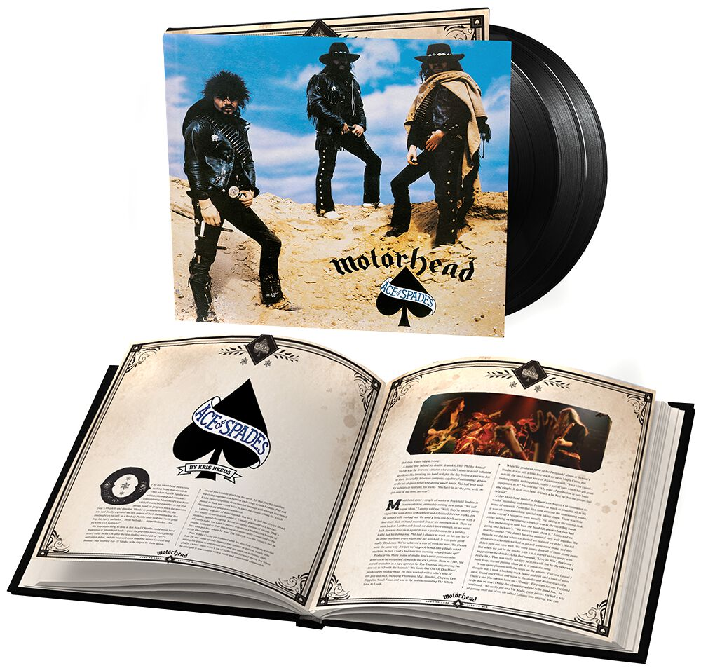 Motorhead albumborító és egy könyv pikk jelképpel, fekete ruhás férfiakkal és szöveggel.
