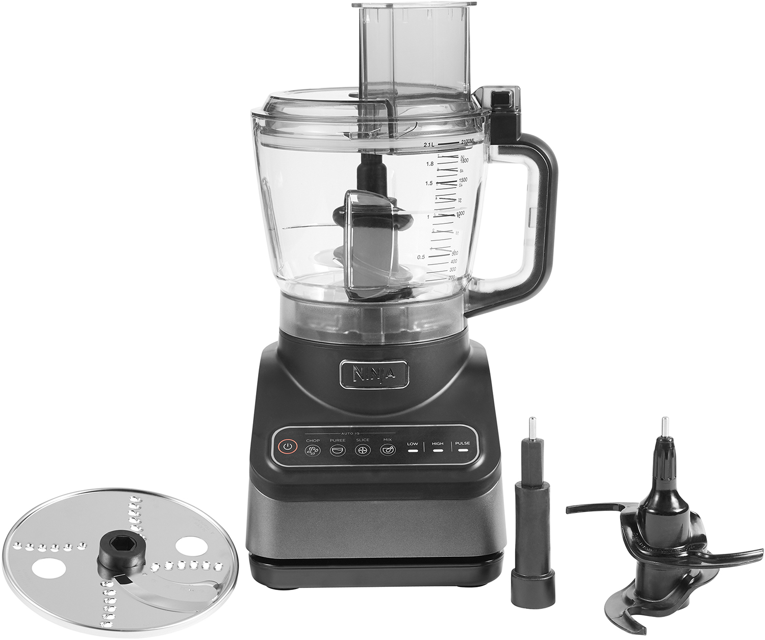 Ninja food processor with accessories. Black and gray colors.