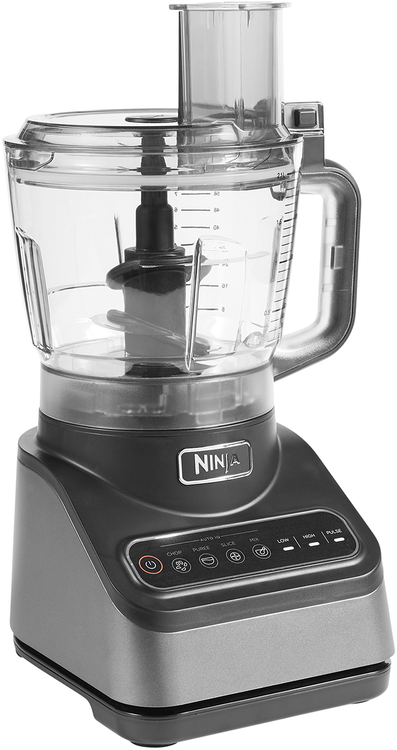 Ninja food processor with a clear bowl, black base, and control buttons.