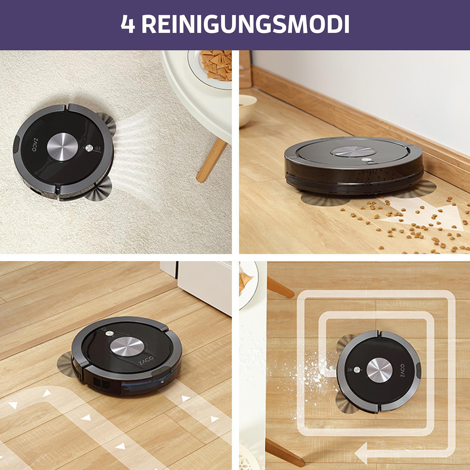 Vier Bilder, die einen Roboter-Staubsauger zeigen, der verschiedene Oberflächen reinigt.