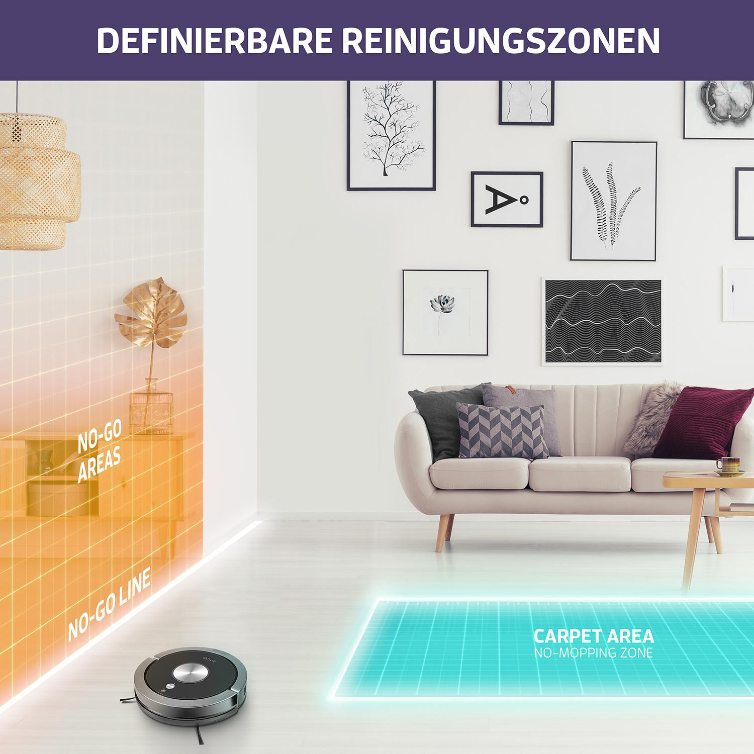 Roboter-Staubsauger auf einem Boden. Zeigt Reinigungszonen mit Textüberlagerungen.