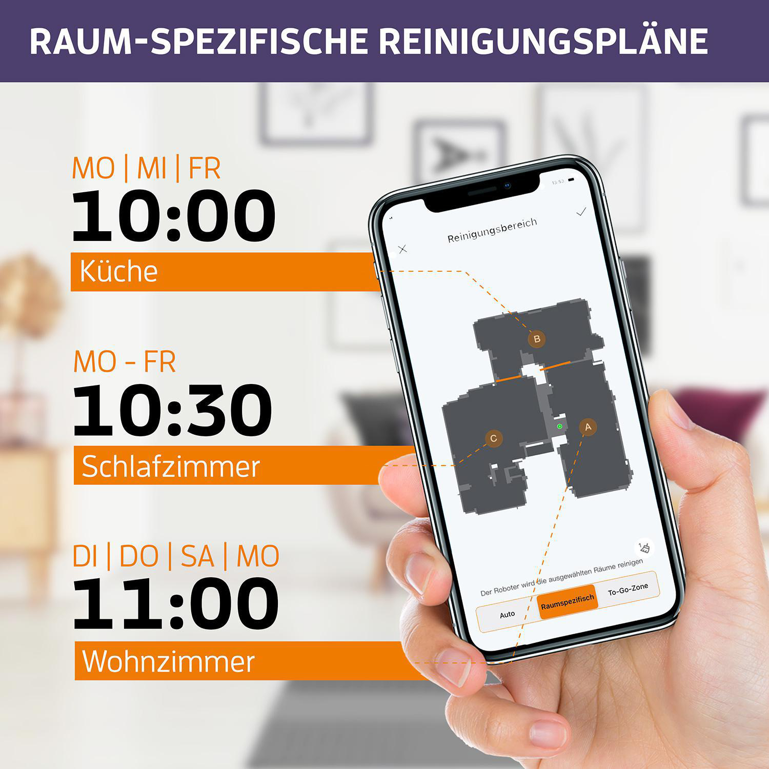 Hand, die ein Telefon hält, das einen Reinigungsplan für einen Roboter-Staubsauger mit Grundriss anzeigt.