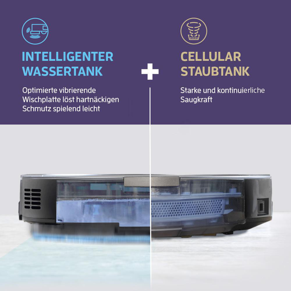 Zwei Bilder, die den intelligenten Wassertank und den zellularen Staubtank eines Staubsaugers vergleichen.
