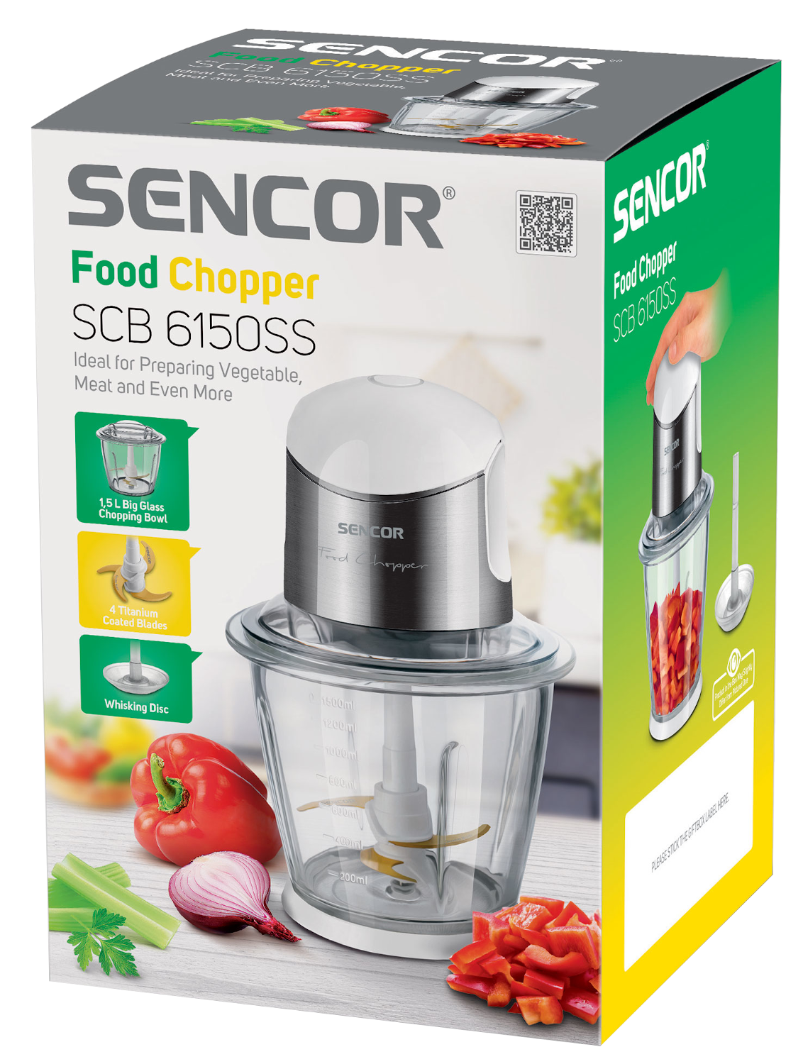 Ételaprító doboz, összetevők és az aprító képeivel. A szöveg: Food Chopper SCB 6150SS.