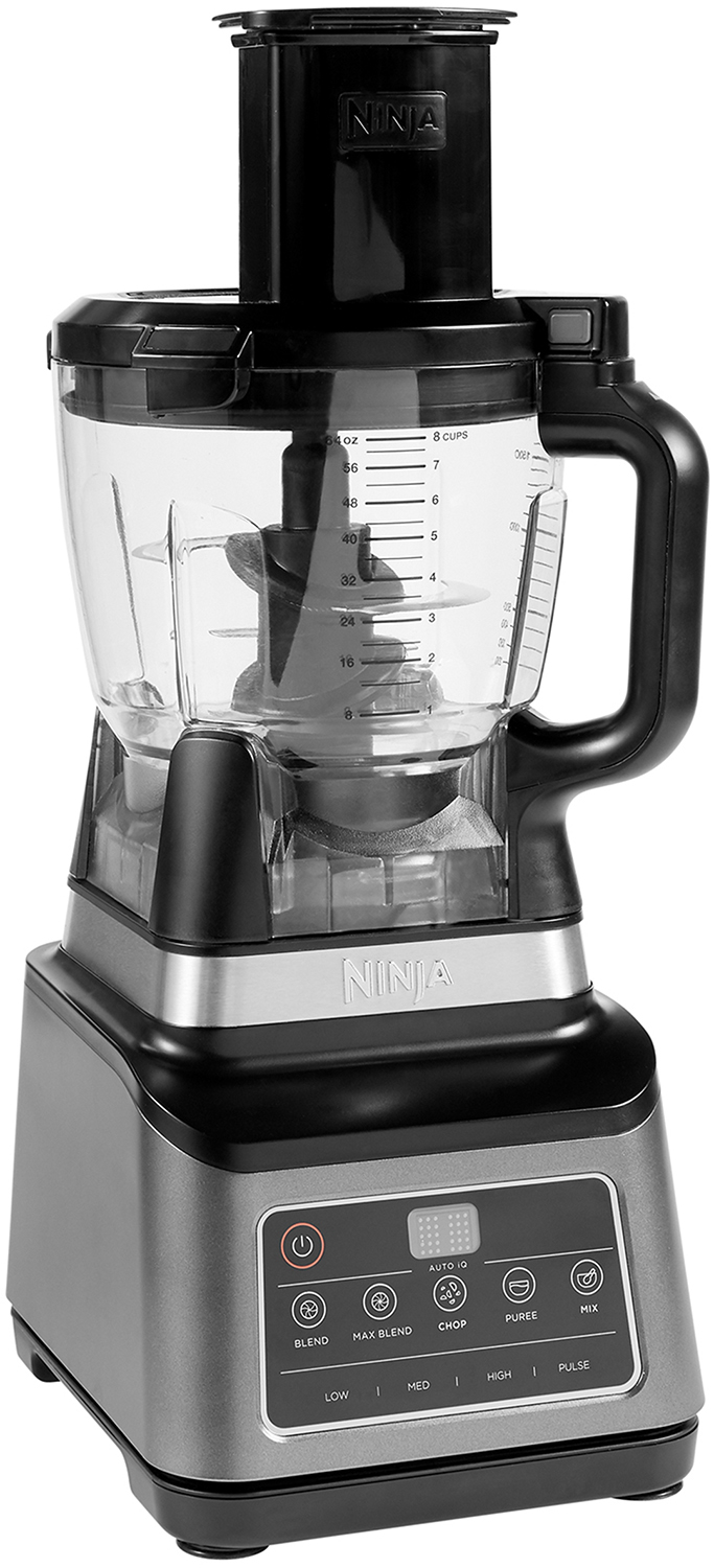 A Ninja food processor, black and silver, with a clear bowl and several function buttons.