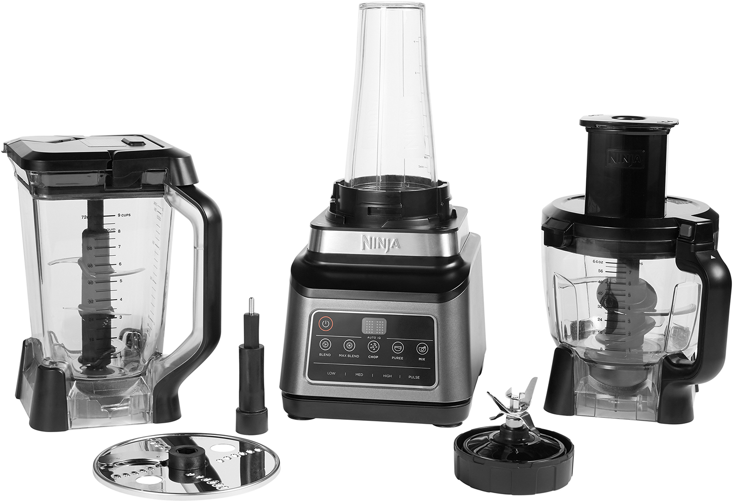 A Ninja blender set with three parts. Includes a blender, a food processor, and a container.
