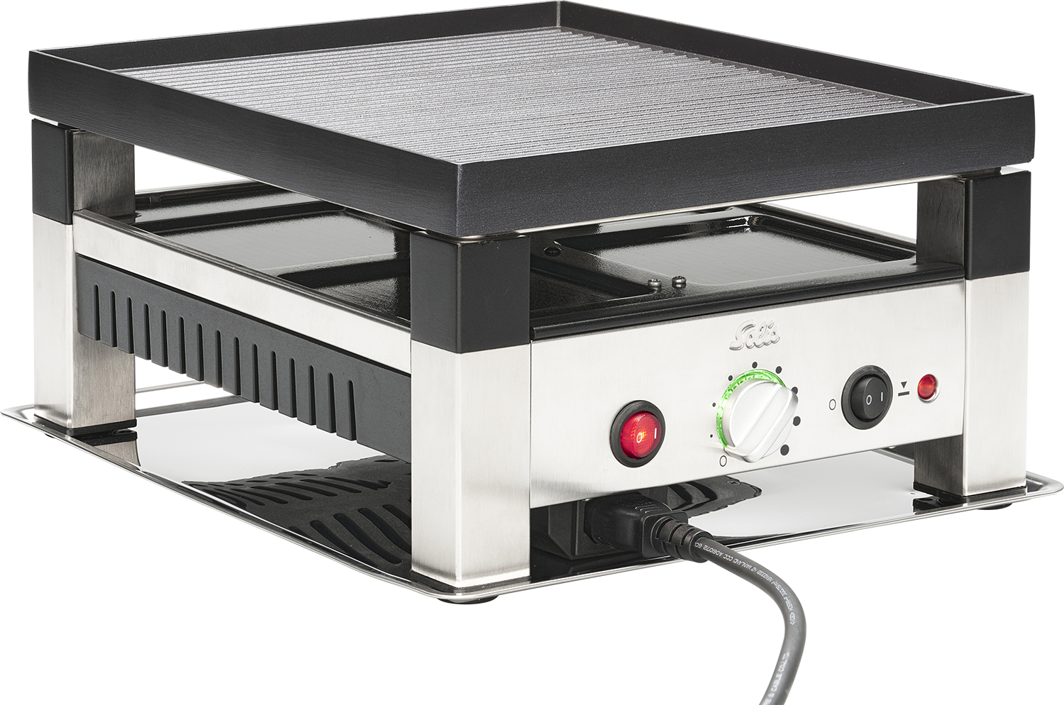 Silver electric raclette grill with black accents and a power cord.