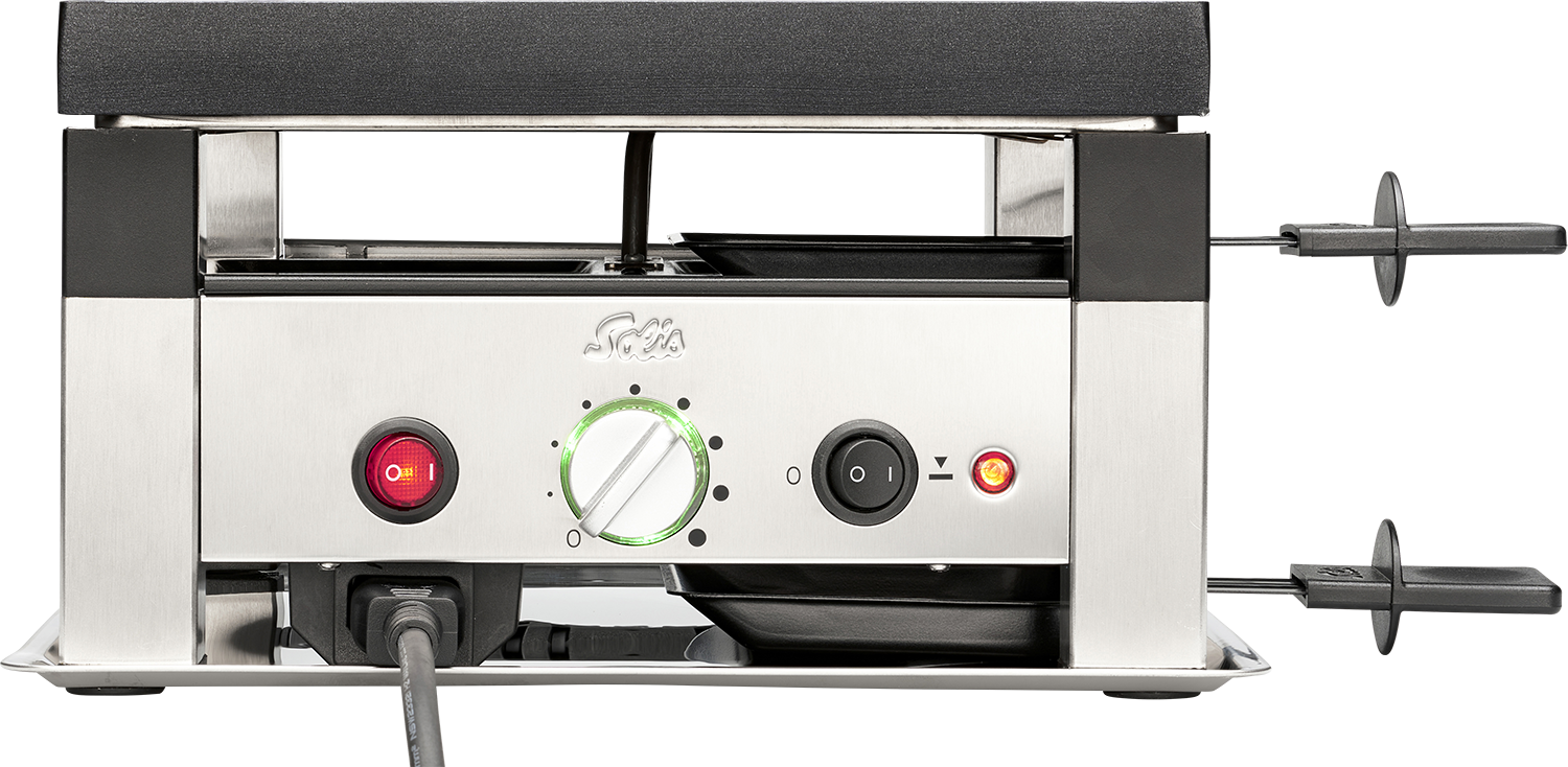 Raclette grill with a silver body. It has a power button and a dial. The background is white.