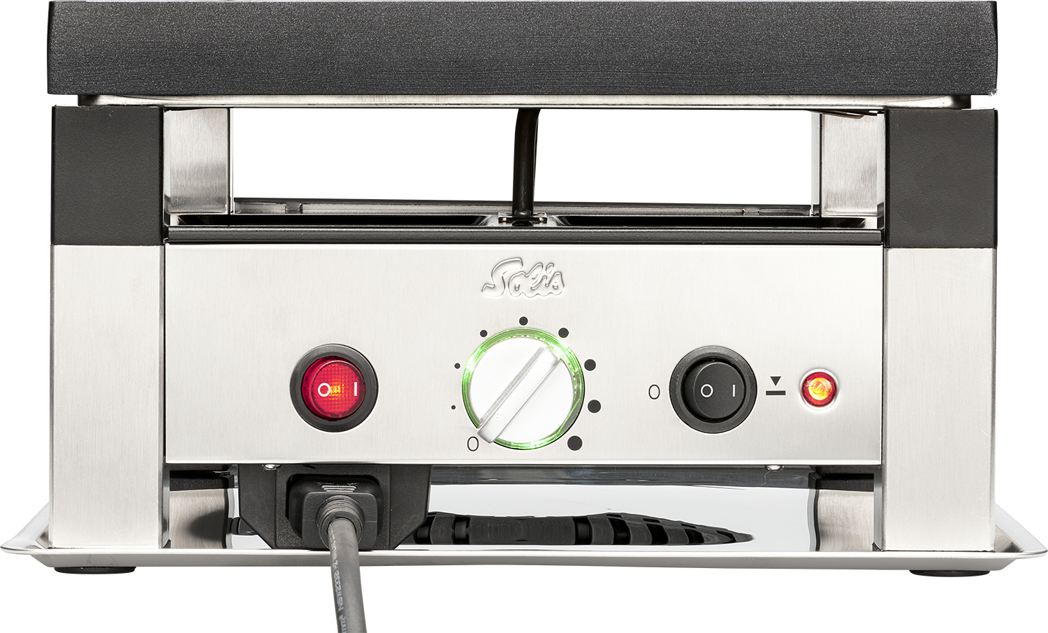 Silver Solis appliance with red and green lights and a power cord attached.