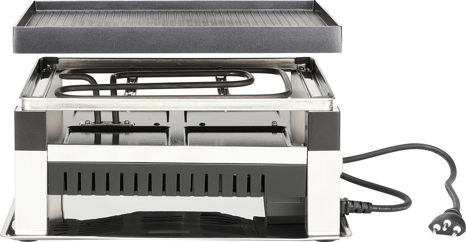 A metal electric grill with a heating element and a removable top, on a black background.