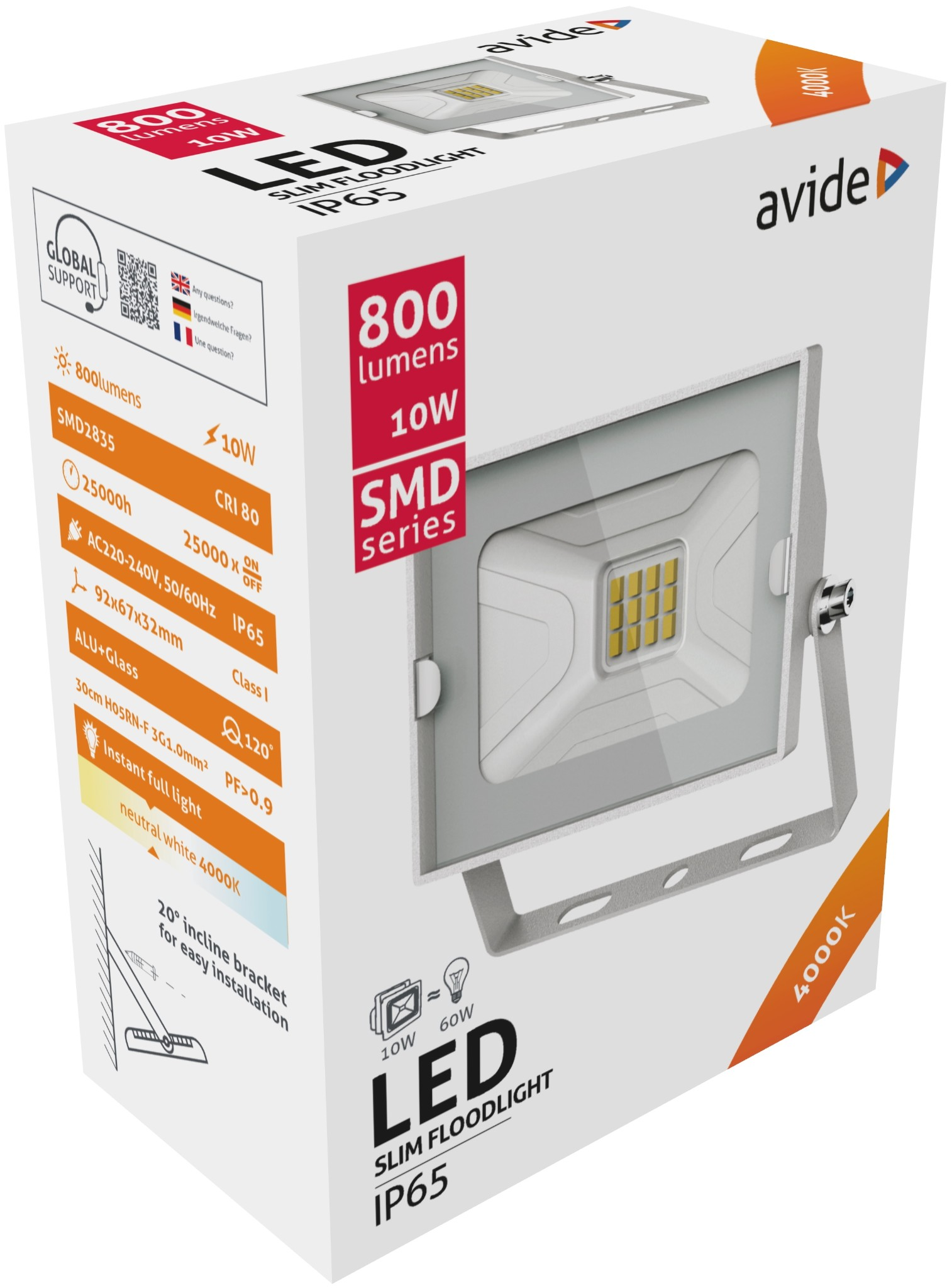 Fehér doboz LED-es reflektor részleteivel. Előtér: doboz. Háttér: fehér fal.