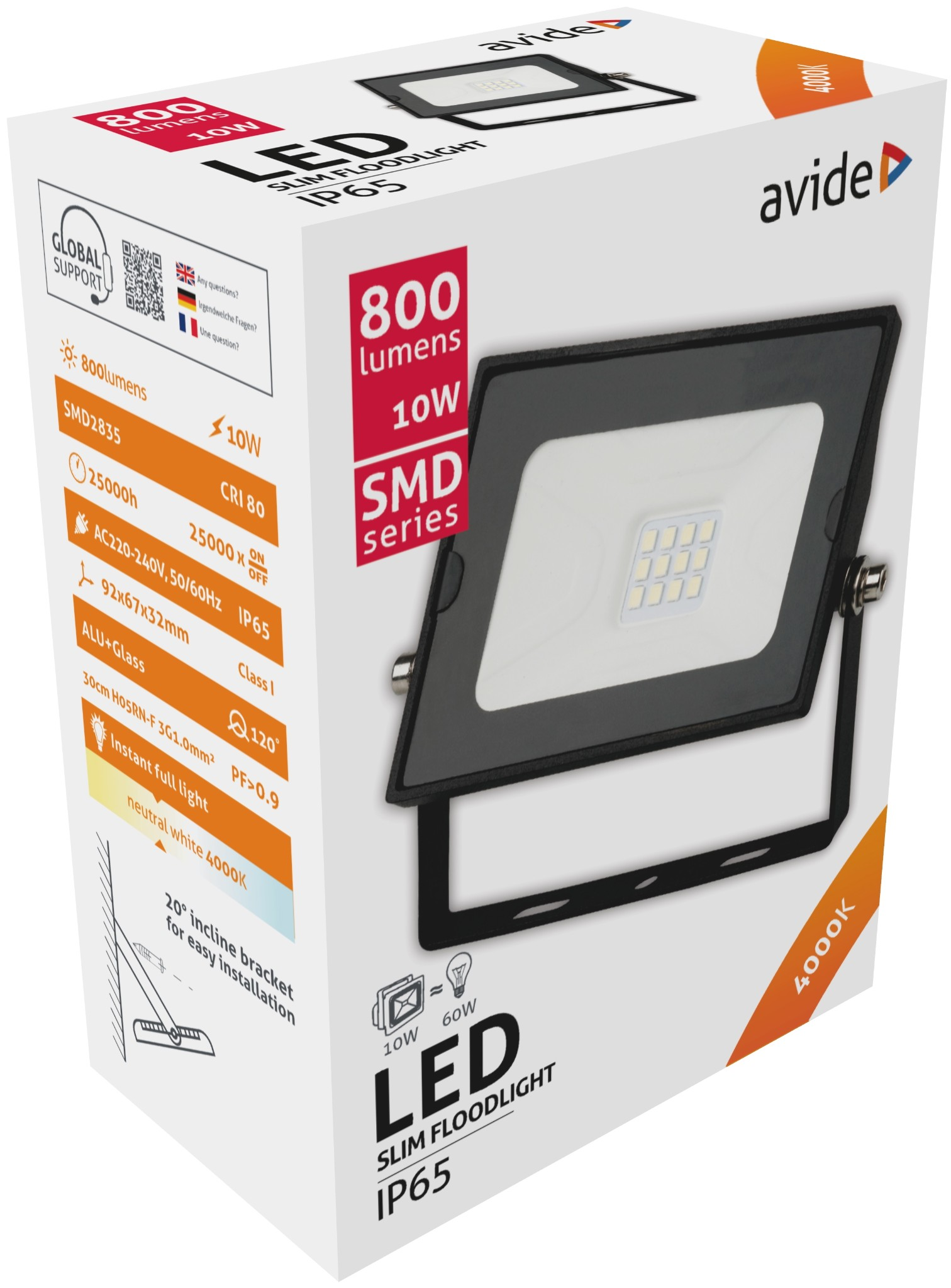 Fehér doboz fekete LED-es reflektorral. A dobozon lévő szöveg a funkcióit és specifikációit írja le.