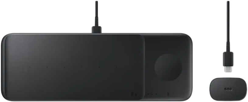 Fekete vezeték nélküli töltőpad óratöltő állomással és USB-C kábellel.
