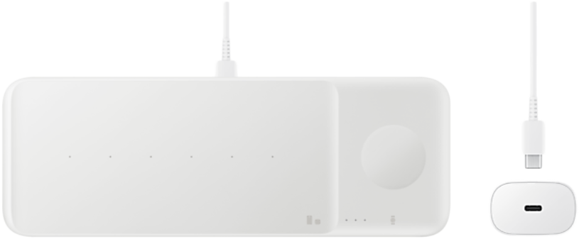 Fehér töltőállomás három paddal, óratöltővel és USB-C kábellel.