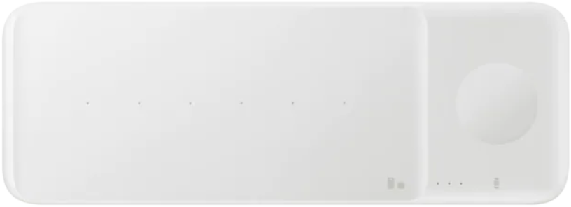 Fehér töltőpad eszközökhöz, beleértve egy okosóra részt is.
