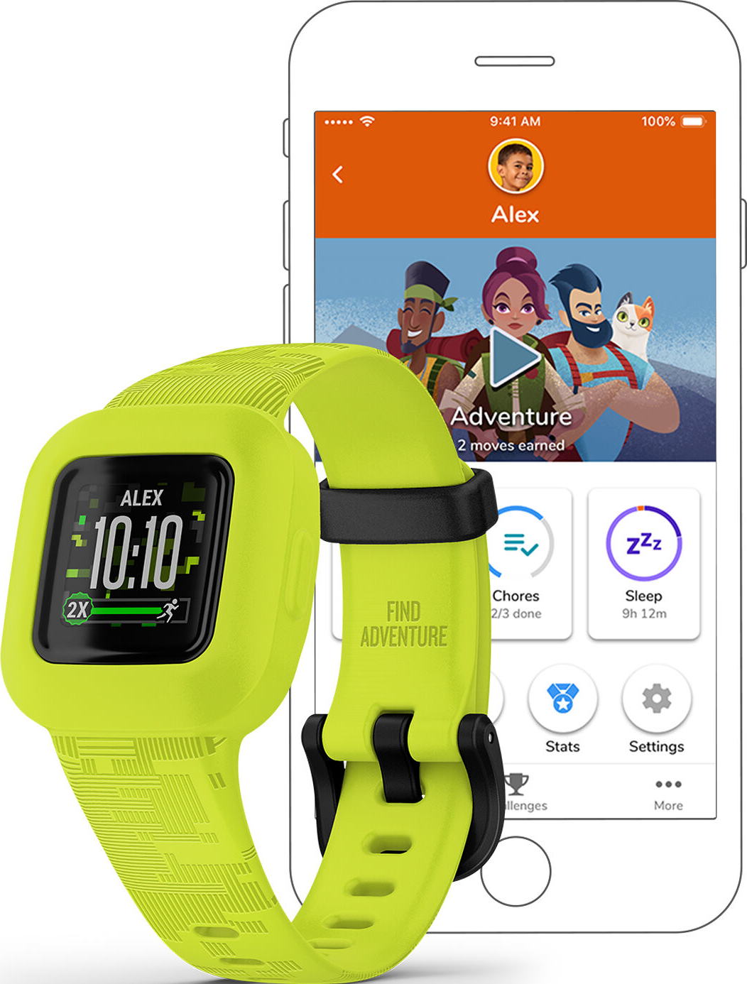 Une montre intelligente verte pour enfants avec écran tactile et un téléphone affichant une appli.