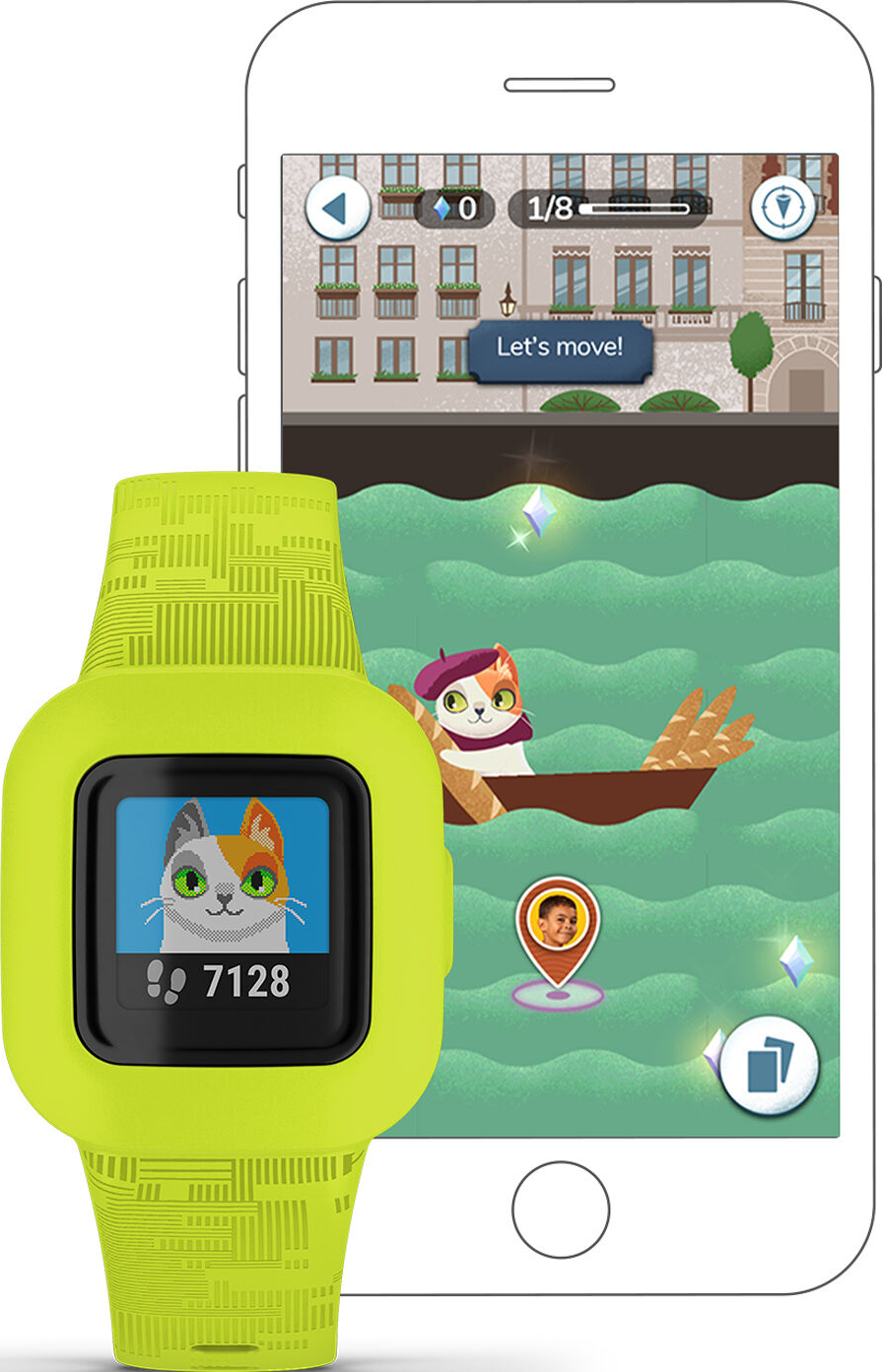 Smartwatch et téléphone montrant un jeu avec un chat dans un bateau, des éléments de jeu et une carte.