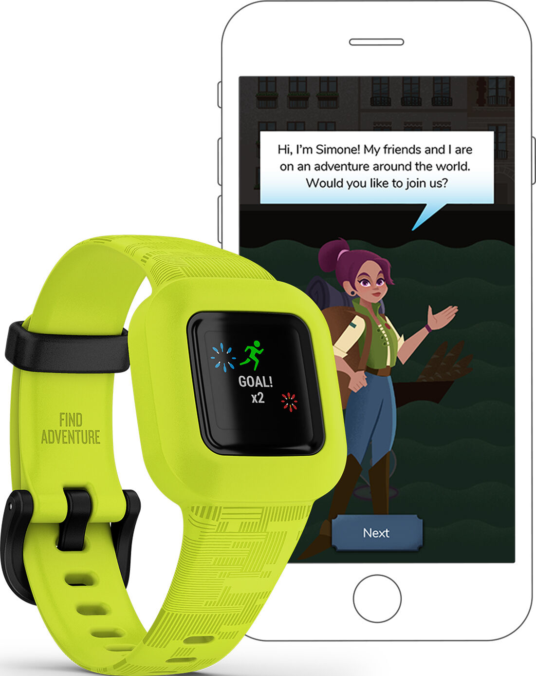 Smartwatch verte, affichant un écran de jeu. Un téléphone affiche une scène de dessin animé.