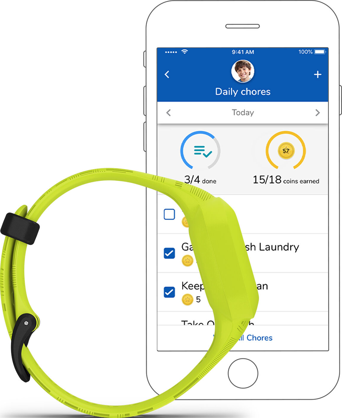 Une smartwatch affiche une application de tâches quotidiennes avec un bracelet vert et il est 9h41.