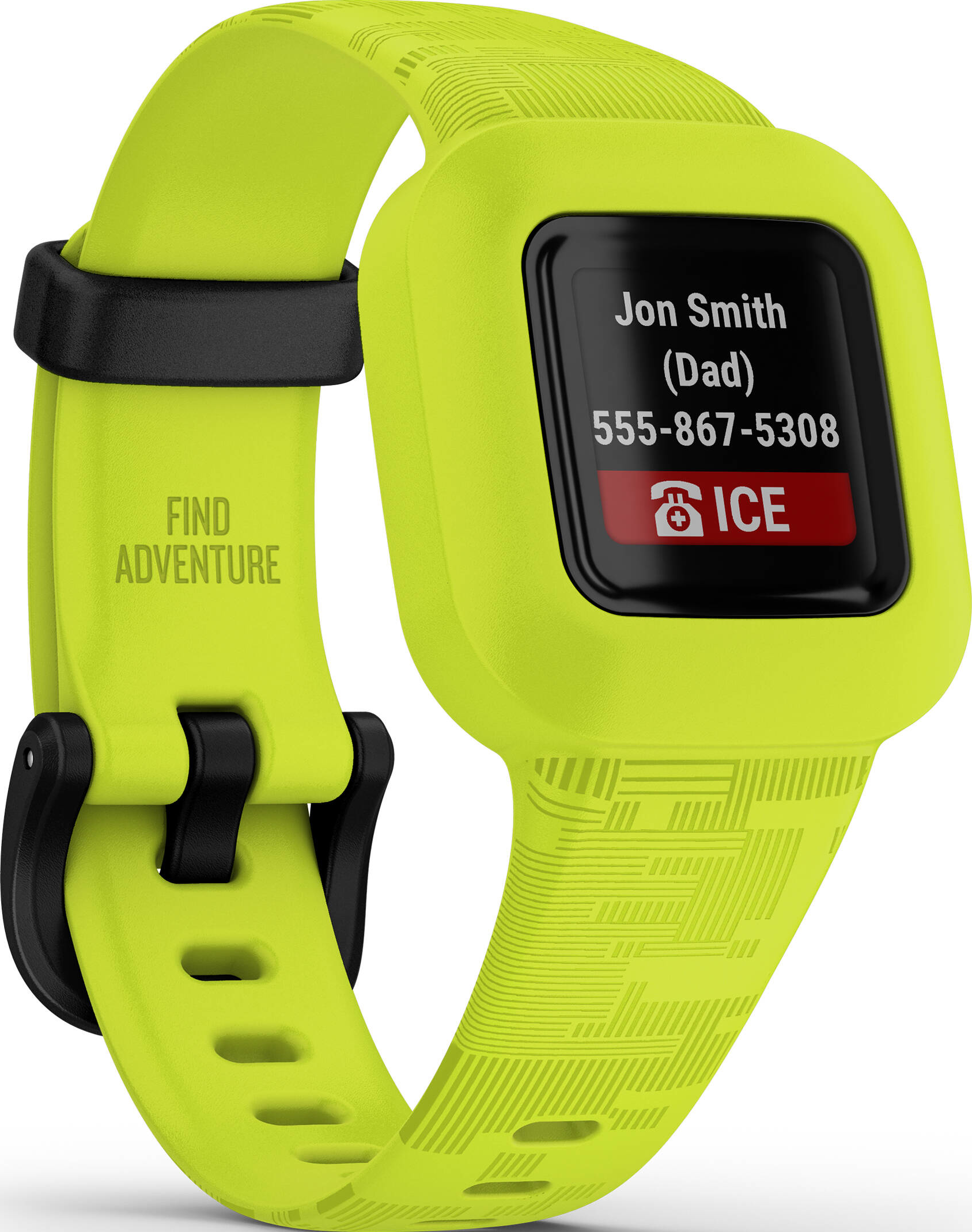 Montre connectée vert citron avec un écran noir affichant les coordonnées. Elle a un bracelet noir.