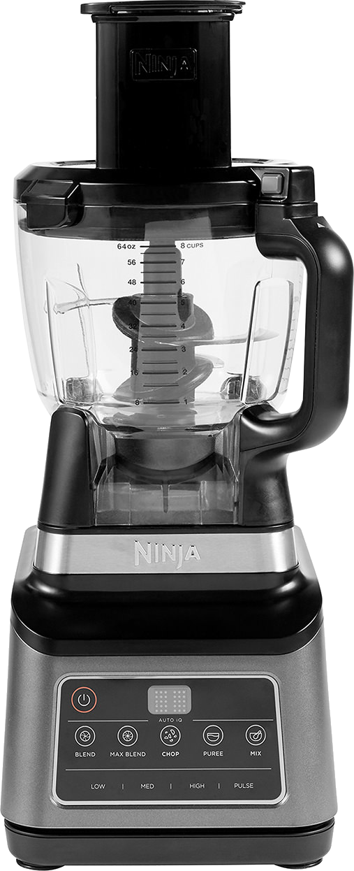 A black and silver Ninja food processor with a clear container and black handle.