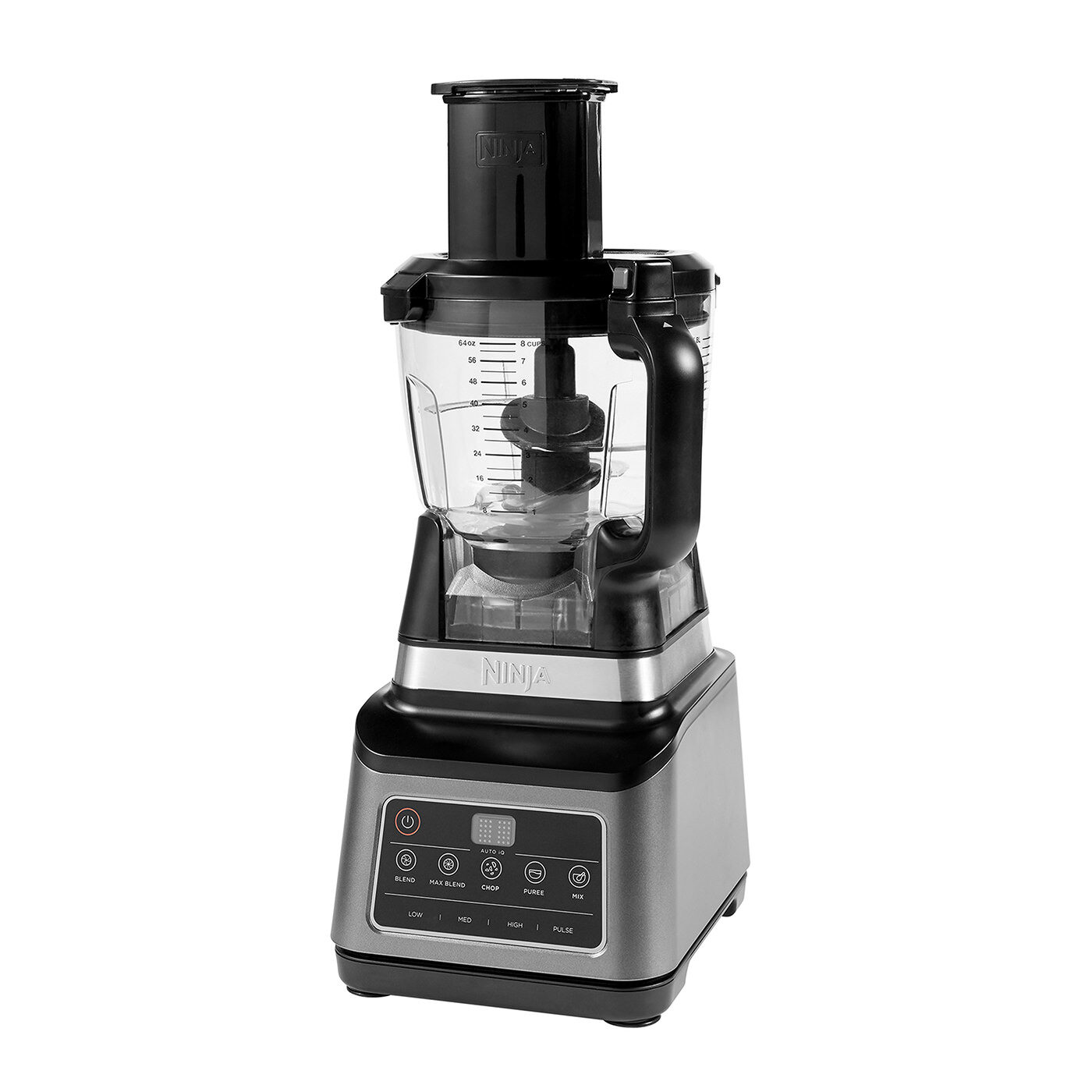 Silver and black Ninja food processor. It has a clear container and a black lid. Digital display.