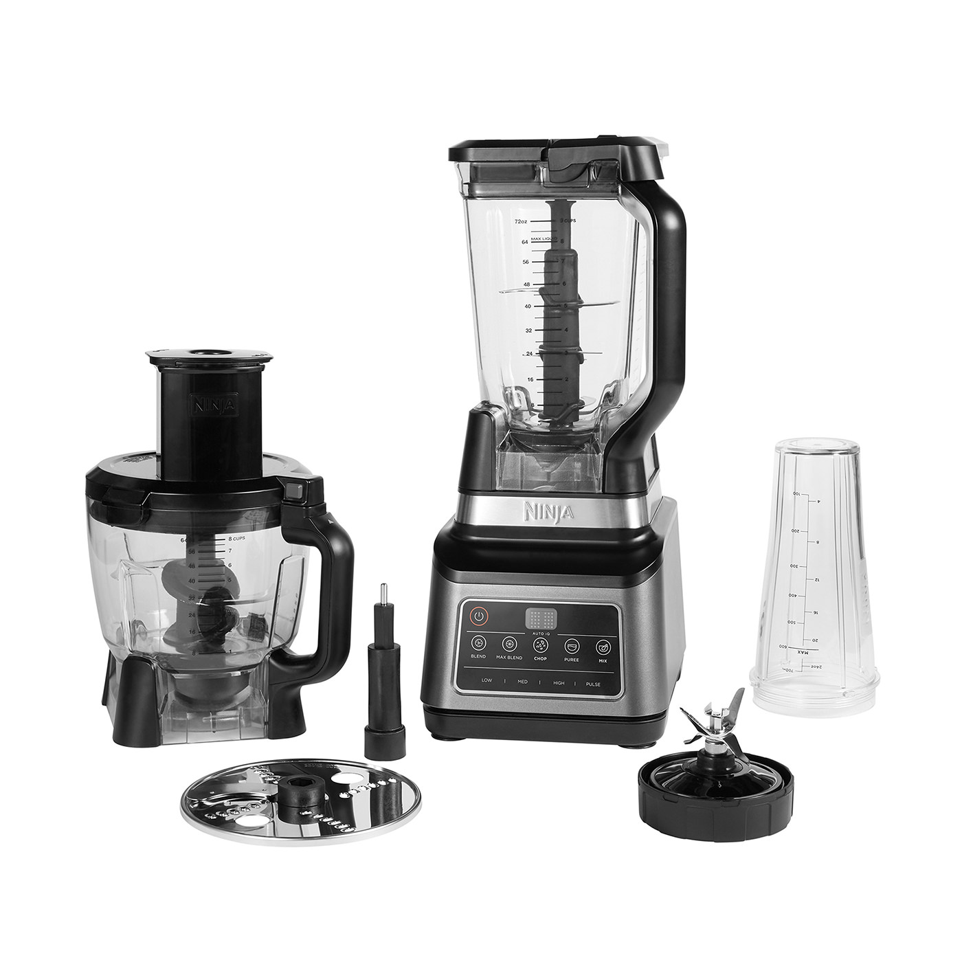 A blender and food processor with accessories. Black and silver, white background.