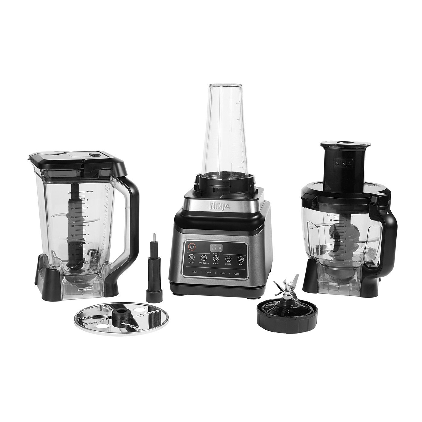 A Ninja blender set, with various blender parts and accessories, against a white background.