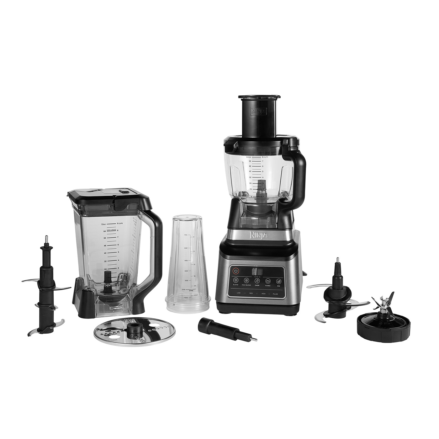 Ninja kitchen system with blender, food processor, and accessories. Black and silver colors. White background.