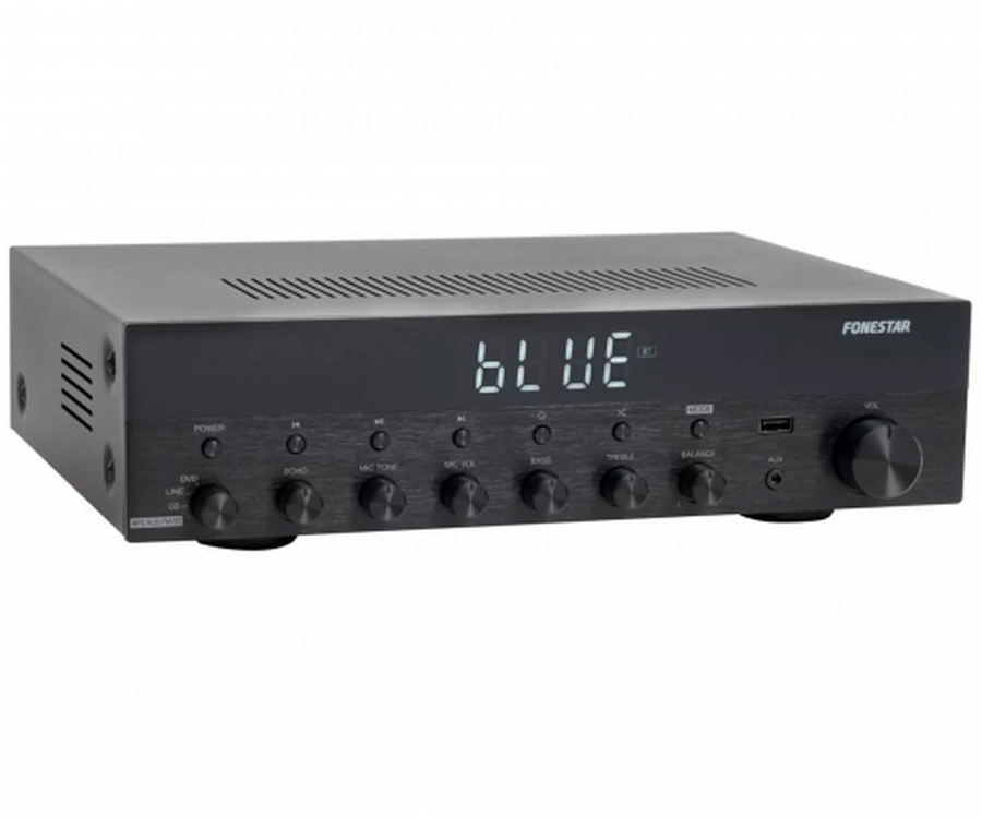 Un amplificador de audio Fonestar negro con pantalla azul y varias perillas de control.